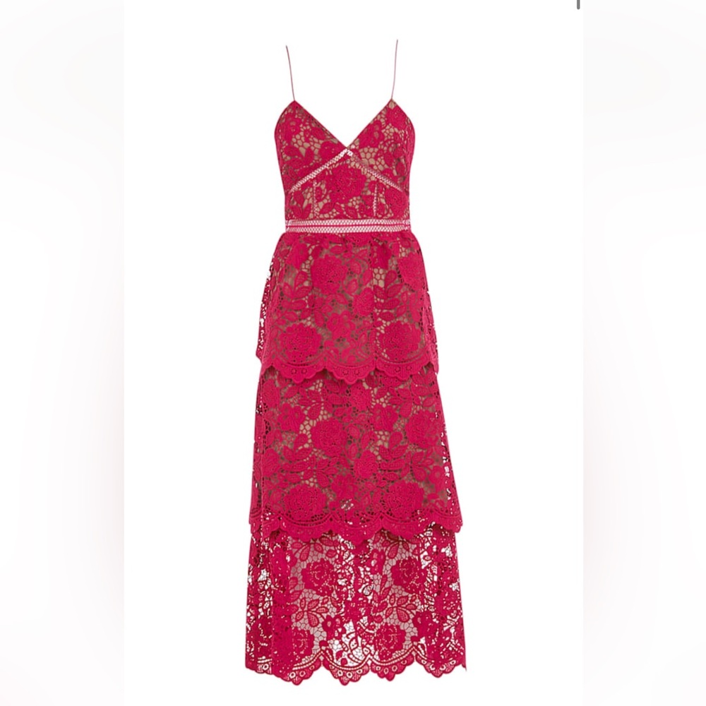 Self Portrait NWT UK 8 US 4 Fuchsia Flower Lace Midi Guipure Dress